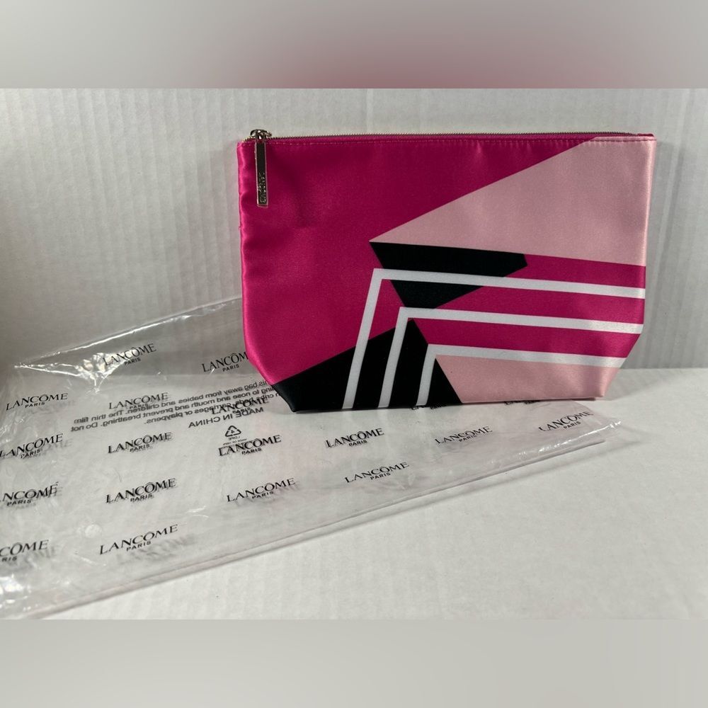 Lancome Satin Zip Cosmetic Makeup Bag Pink Black NEW